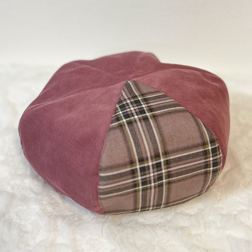 ベレー帽 コーデュロイ＆タータンチェック（ピンク） 帽子 レディース