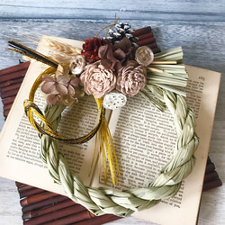 Hello2025！ 真っ白まんまるピンポンマムのしめ縄リース　コットンフラワー ピンポンマムの小さなしめ縄飾り（クリーム系） しめ縄・しめ飾り