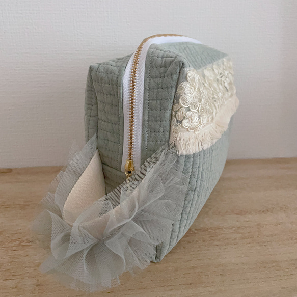おむつポーチ 大容量 ヌビ インド刺繍リボン ミントグリーン ベビーカーバッグ 哺乳瓶ポーチ お着替えポーチ 8枚目の画像