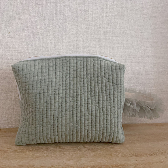 おむつポーチ 大容量 ヌビ インド刺繍リボン ミントグリーン ベビーカーバッグ 哺乳瓶ポーチ お着替えポーチ 5枚目の画像