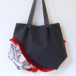 イタリア生地使用赤フリンジトートONDA濃グレー 2枚目の画像