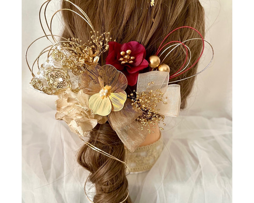 送料無料》ゴールドフラワーとリボンの髪飾り⌘卒業式 和装 成人式