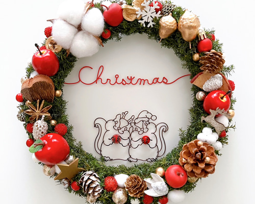 仲良しぷっくりシマリスサンタとトナカイのChristmasリース リース