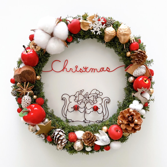 仲良しぷっくりシマリスサンタとトナカイのChristmasリース リース