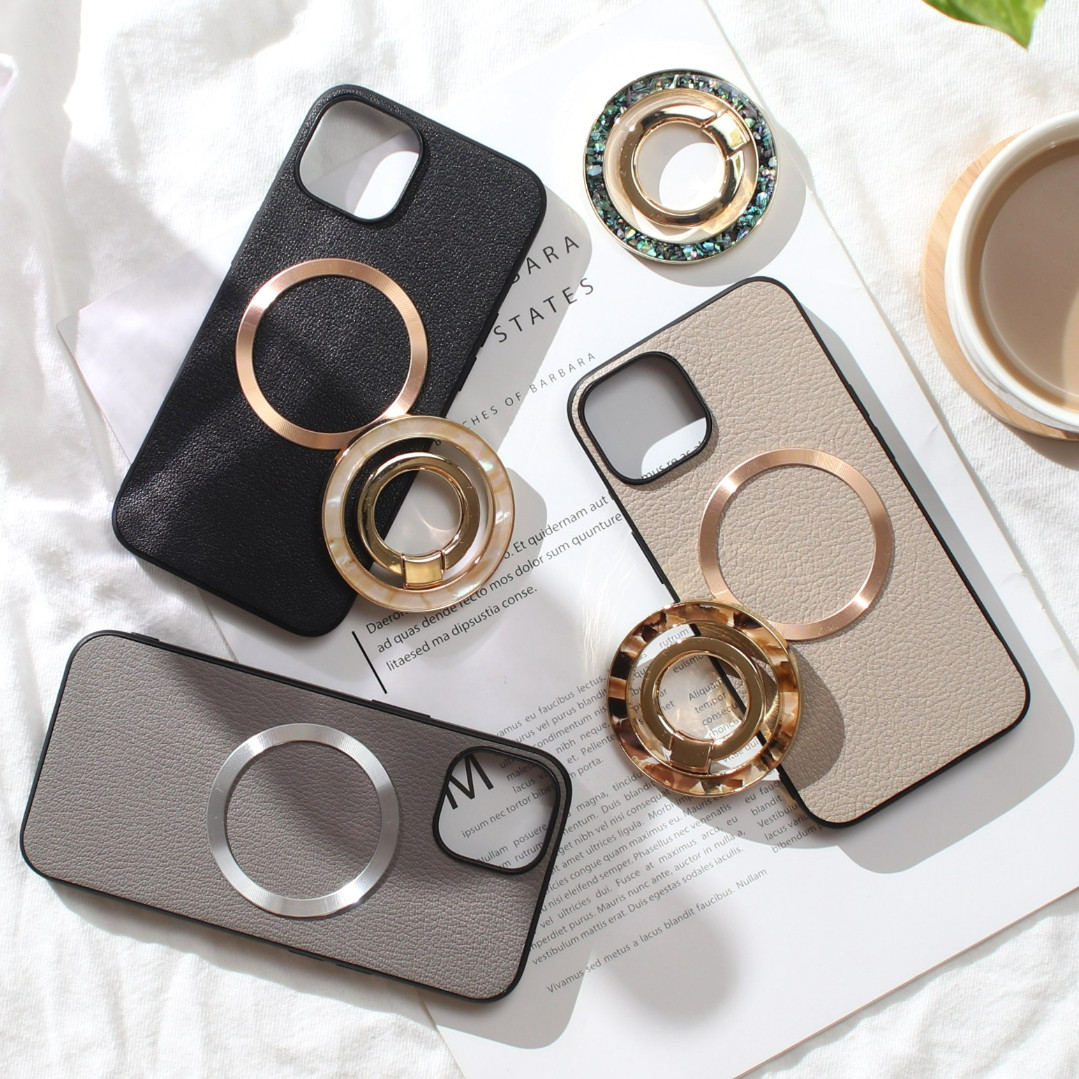 iphone ケース 本革 16 15 14 13 mini レザー マグセーフ対応 リング付き べっ甲 ブラック