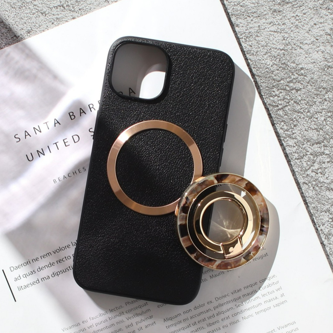 iphone ケース 本革 16 15 14 13 mini レザー マグセーフ対応 リング付き べっ甲 ブラック