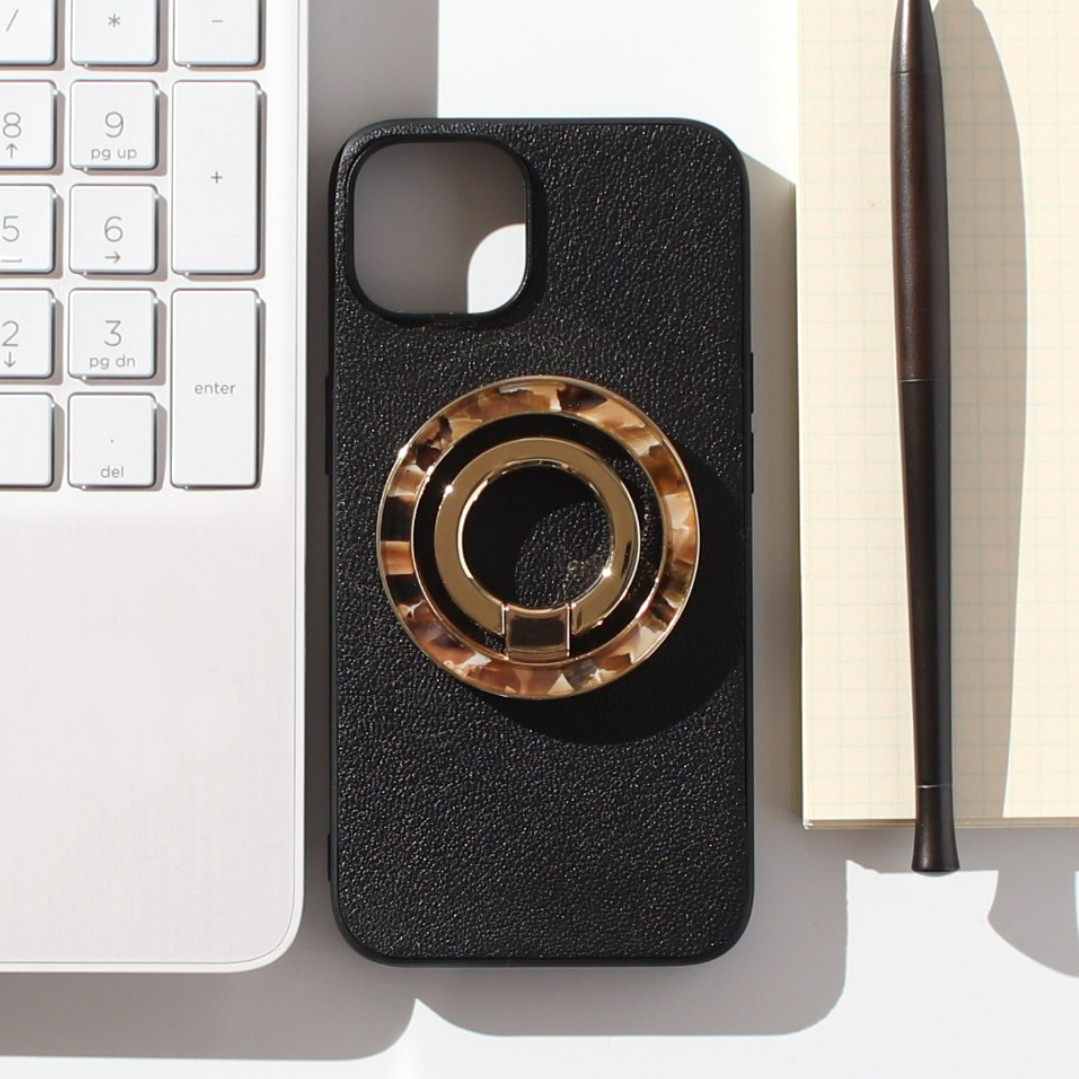 iphone ケース 本革 16 15 14 13 mini レザー マグセーフ対応 リング付き べっ甲 ブラック