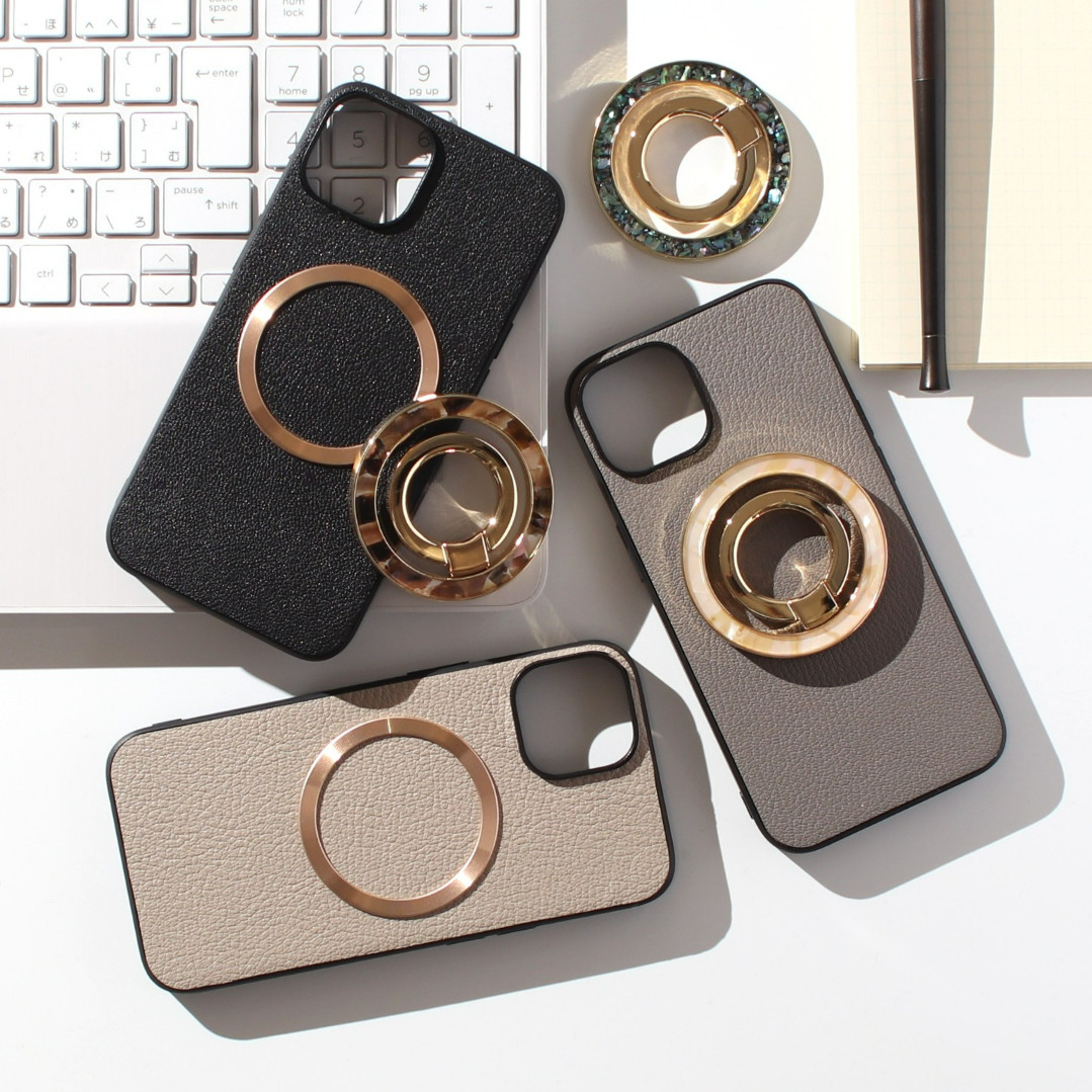 iphone ケース 本革 16 15 14 13 mini レザー マグセーフ対応 リング付き べっ甲 ブラック