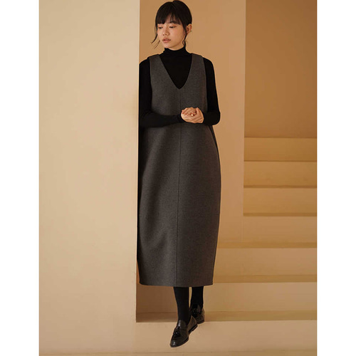 ウール混紡ツイード生地ワンピース 地厚ウールノースリーブワンピース