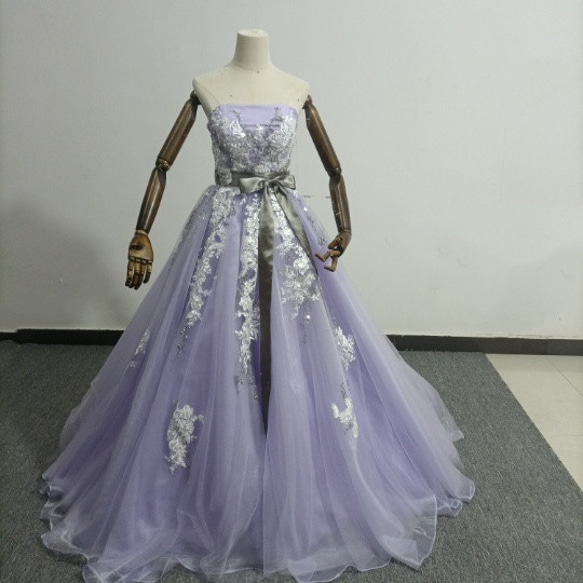 豪華！送料無料！紫/パープル 上品2色花レース カラードレス パール  