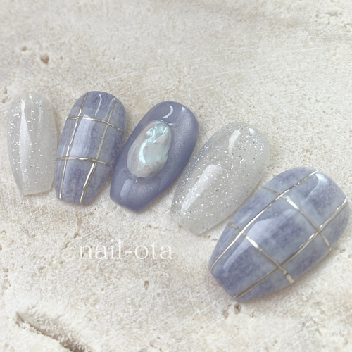 ネイルチップ チェックネイル 水色 ブルー 大人ネイル キラキラネイル