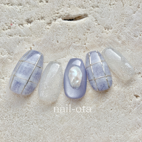 ネイルチップ チェックネイル 水色 ブルー 大人ネイル キラキラネイル