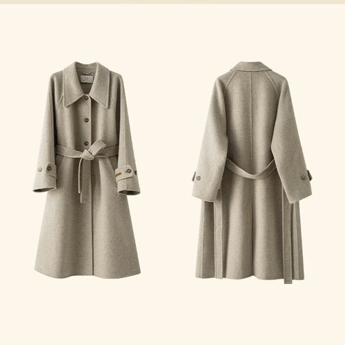 上品の色味とシンプルなデザイン ウール混ロングコート ウエストベルト
