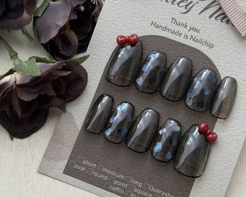 373》黒 赤リボン シアー ネイルチップ ニュアンスネイル ネイルチップ