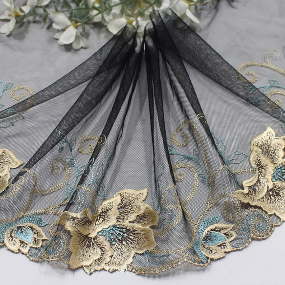 1m ラメ入りキラキラ 花柄刺繡 チュールレース ハンドメイド 生地 手芸 