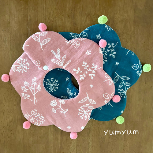 フラワー ディープグリーン&ピンク×無地ダブルガーゼ ポンポンピエロ