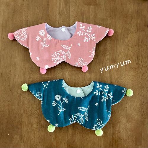 フラワー ディープグリーン&ピンク×無地ダブルガーゼ ポンポンピエロ