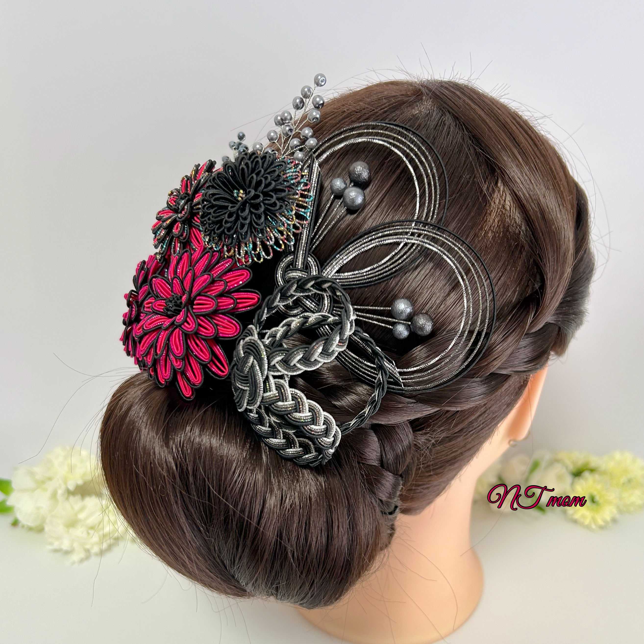 成人式卒業式結婚式・水引髪飾り11点セット・黒濃ピンク