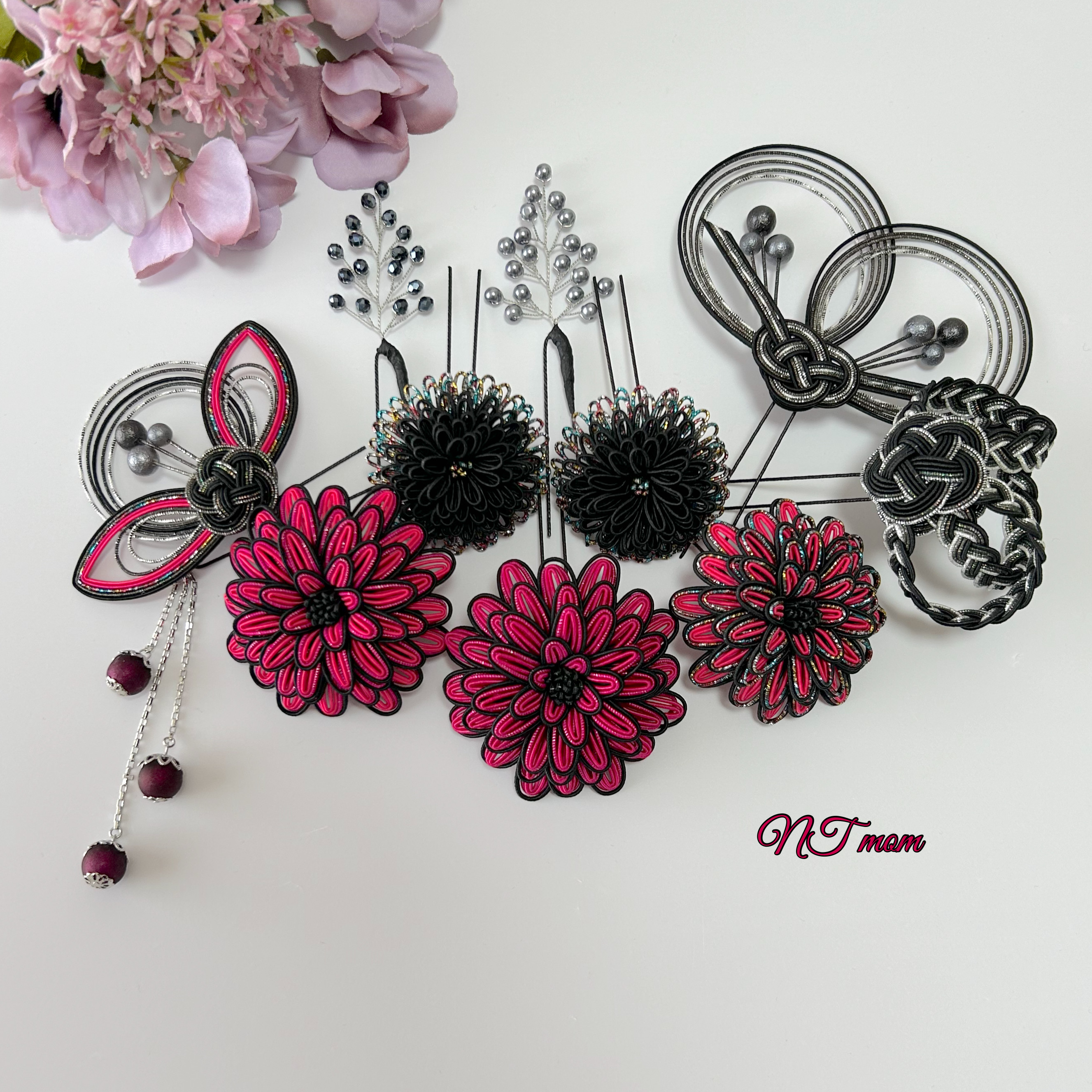 成人式卒業式結婚式・水引髪飾り11点セット・黒濃ピンク