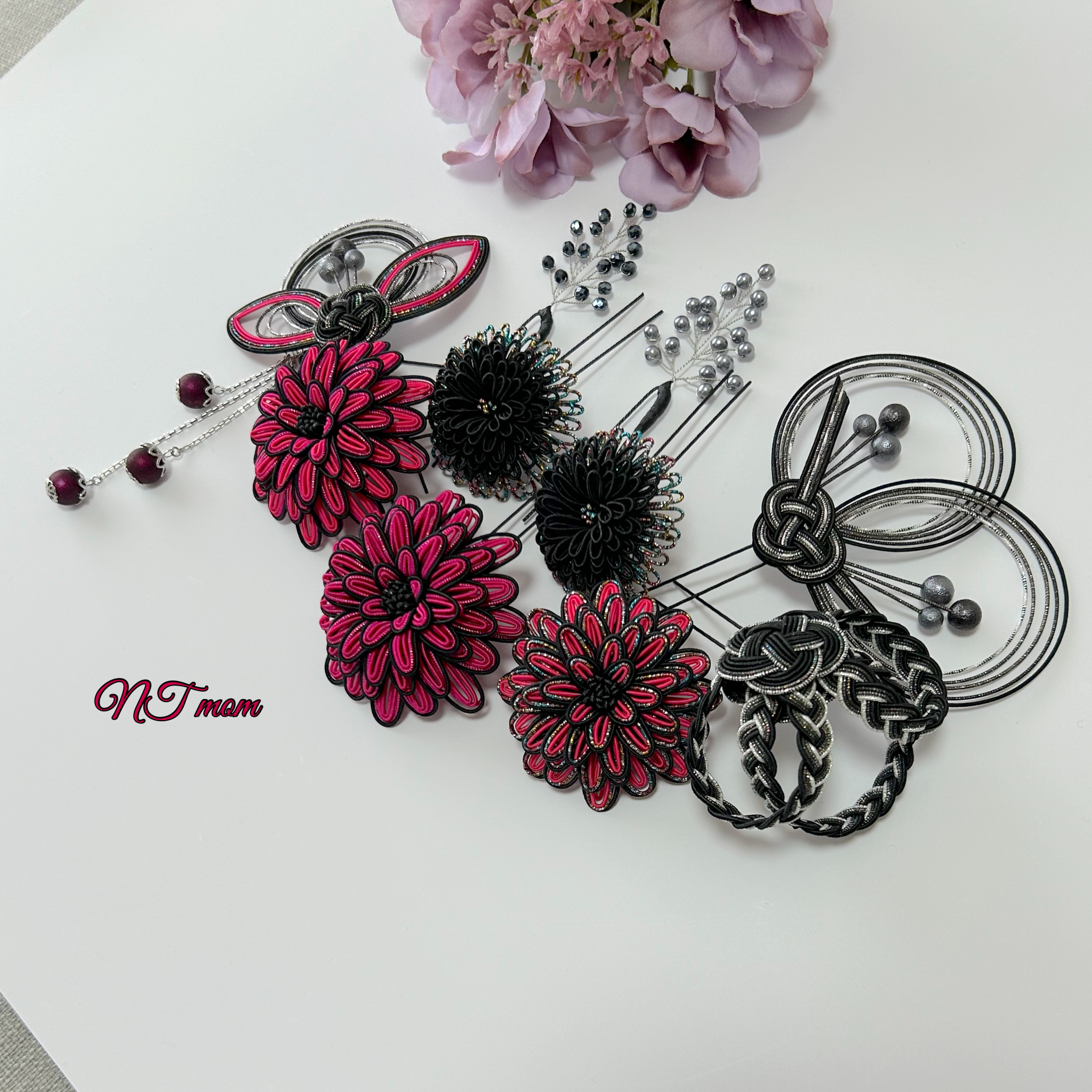 成人式卒業式結婚式・水引髪飾り11点セット・黒濃ピンク