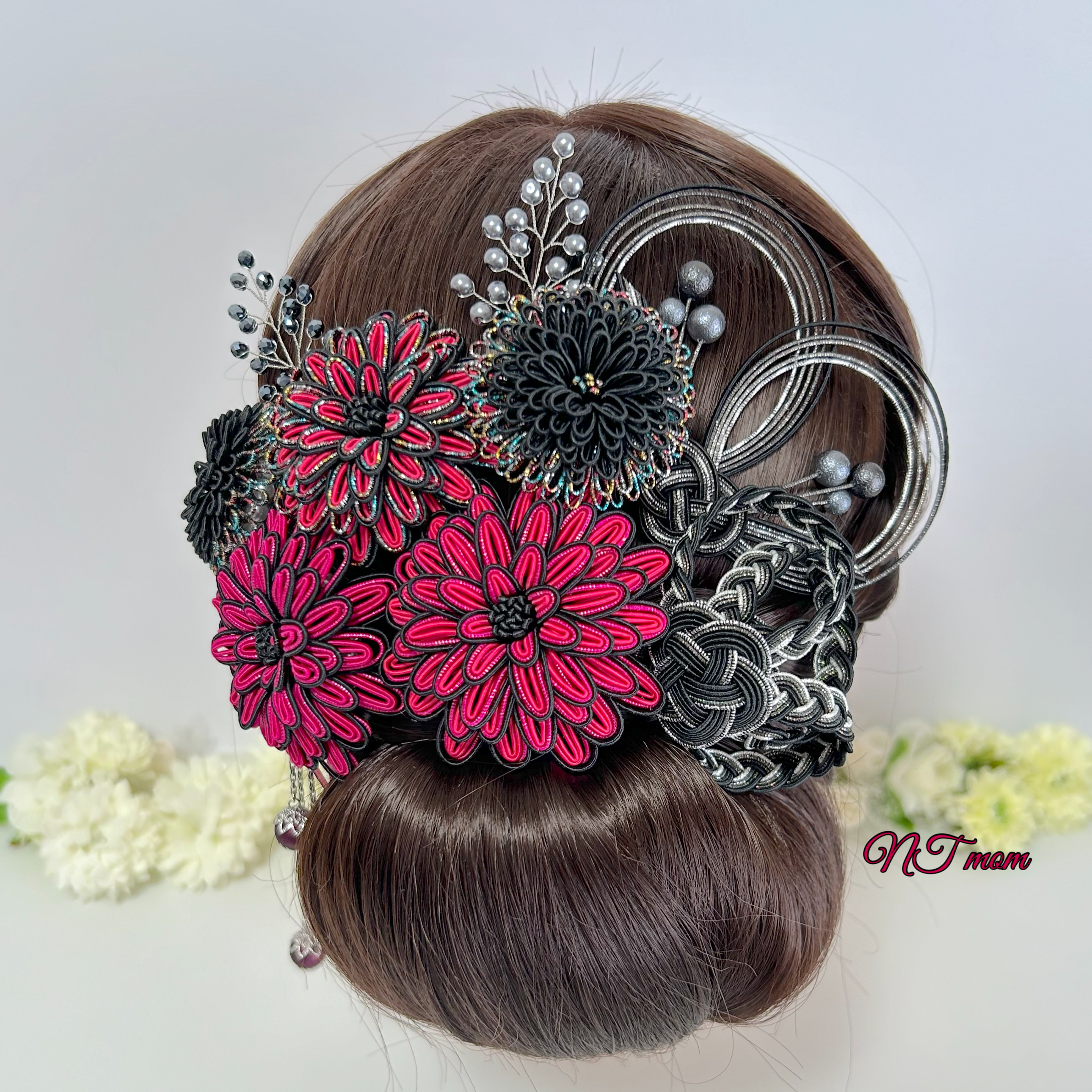 成人式卒業式結婚式・水引髪飾り11点セット・黒濃ピンク