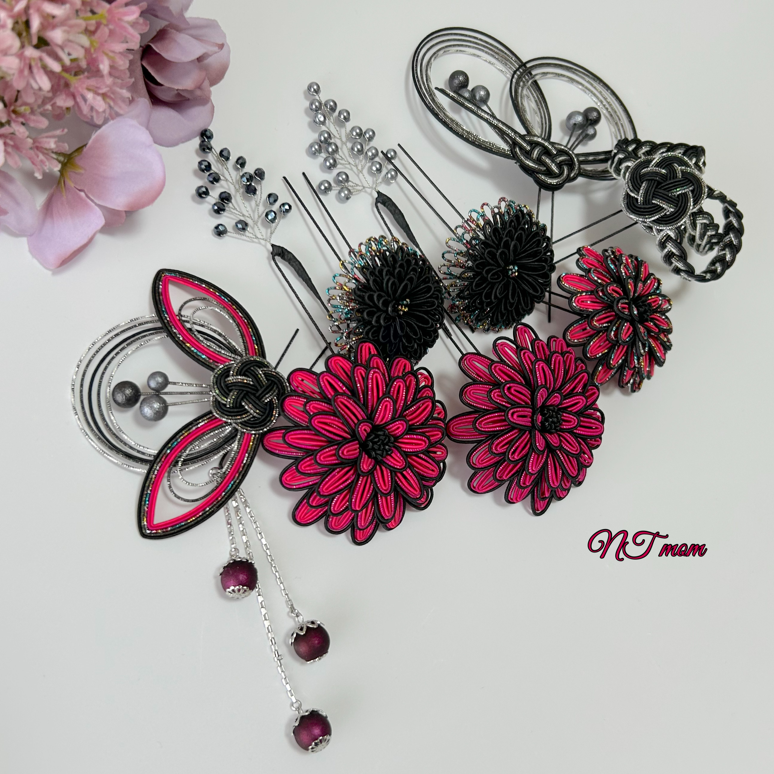 成人式卒業式結婚式・水引髪飾り11点セット・黒濃ピンク