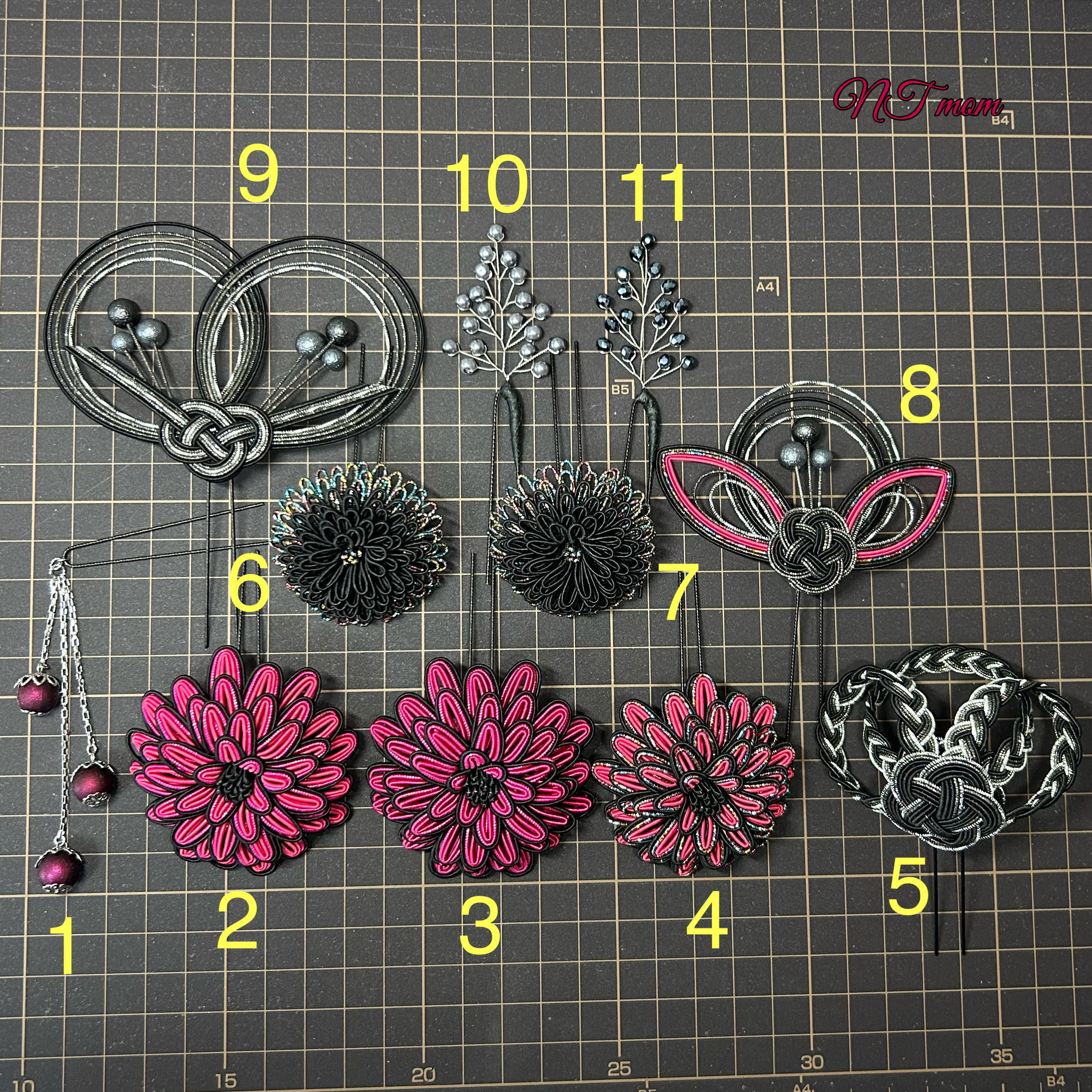 成人式卒業式結婚式・水引髪飾り11点セット・黒濃ピンク