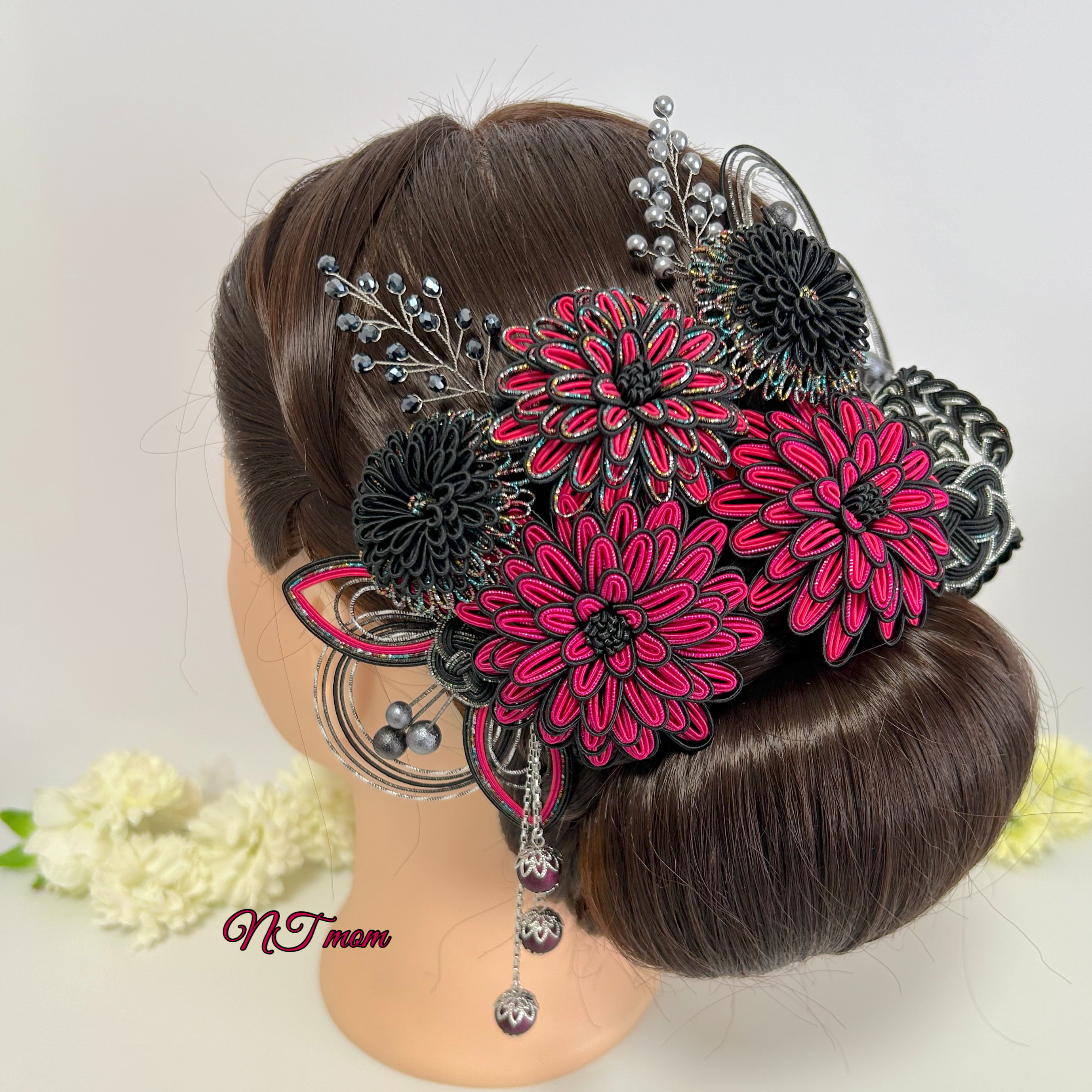 成人式卒業式結婚式・水引髪飾り11点セット・黒濃ピンク