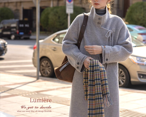 シルク混ウール 手縫いスタントカラーロングコート ポケット付き【冬