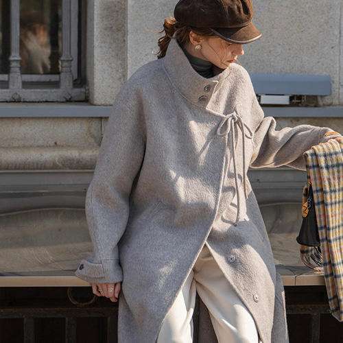 期間限定Sale‼️】シルク混ウール 手縫いスタントカラーロングコート