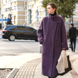 アルパカウール混 手縫いスタントカラーロングコート ポケット付き【冬