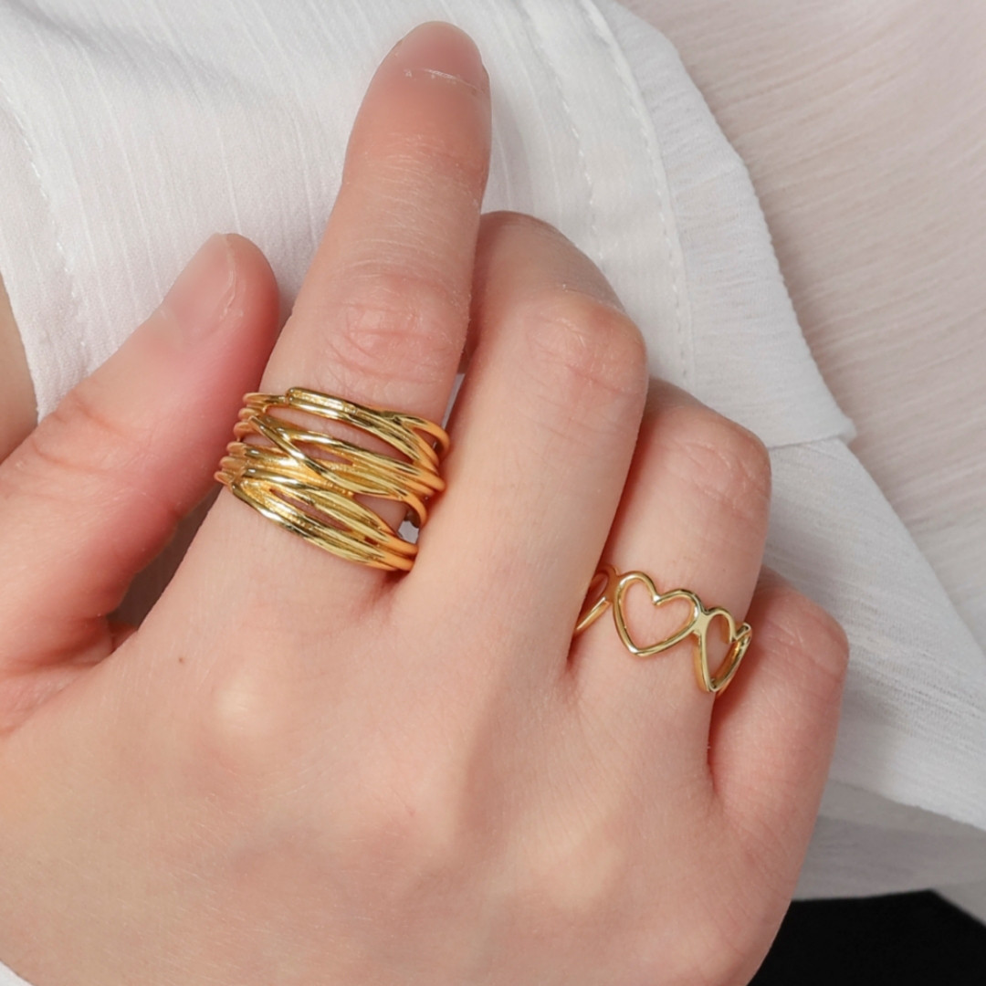 【福袋】ハートリング&重なりボリュームリング2点セット《ゴールド/シルバー》【シルバー925】フリーサイズ