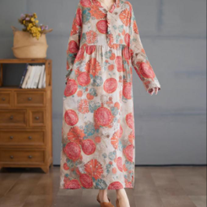 新しい ヴィンテージ 綿麻 プリントのゆったり した 長袖 ワンピース