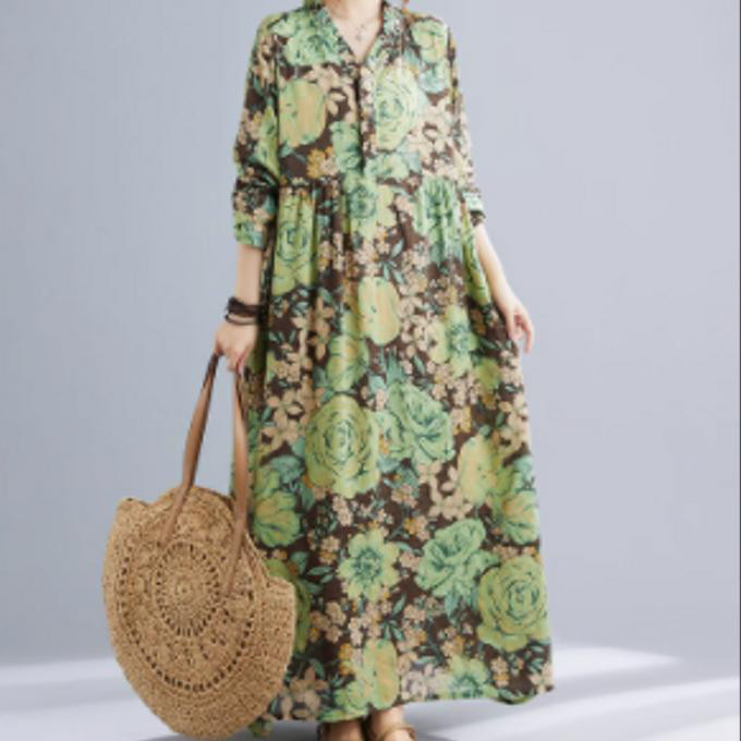 新しい ヴィンテージ 綿麻 プリントのゆったり した 長袖 ワンピース