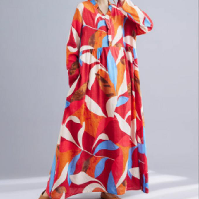 新しい ヴィンテージ 綿麻 プリントのゆったり した 長袖 ワンピース