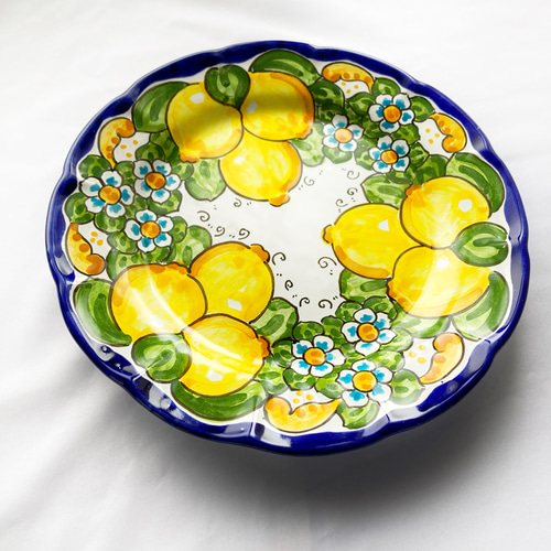 絵皿 26cm マヨリカ焼き イタリア陶器 レモン柄 コバルトブルー