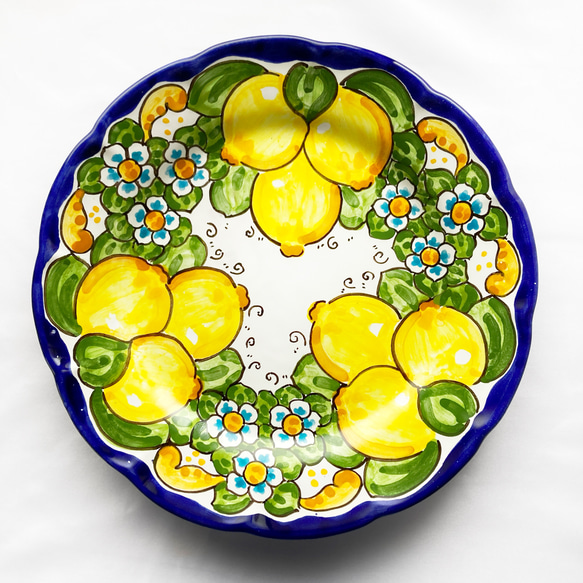 絵皿 26cm マヨリカ焼き イタリア陶器 レモン柄 コバルトブルー