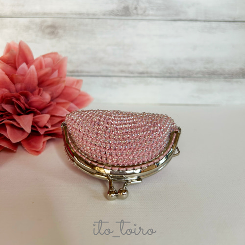 がま口コインケース（オーロラピンク） がま口財布 ビーズがま口 小銭