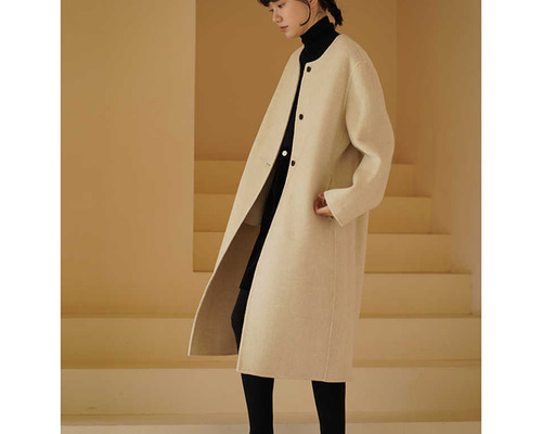 ウール混紡ロングコート ウールツイード生地コート 丸襟 ベージュ