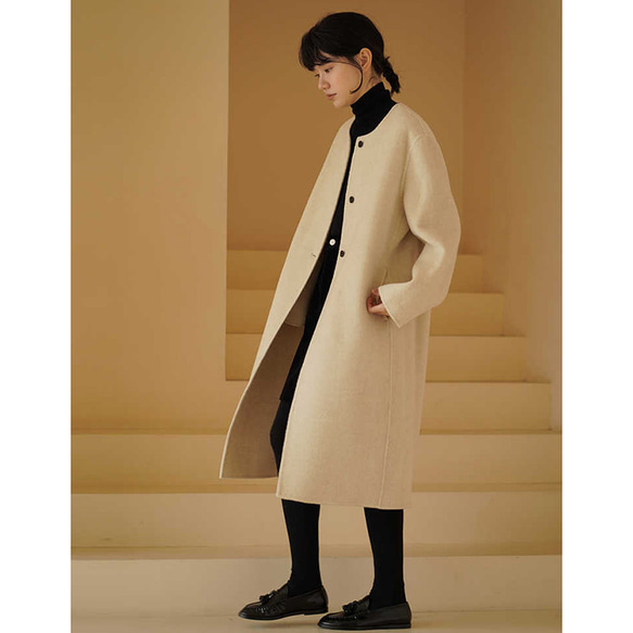 ウール混紡ロングコート ウールツイード生地コート 丸襟 ベージュ