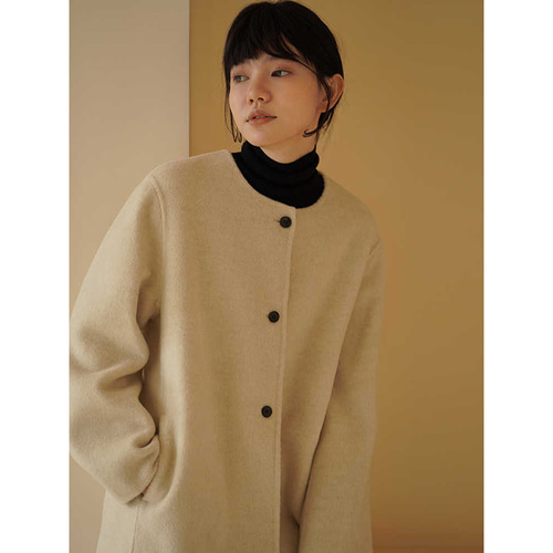 ウール混紡ロングコート ウールツイード生地コート 丸襟 ベージュ