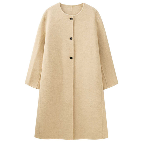 ウール混紡ロングコート ウールツイード生地コート 丸襟 ベージュ
