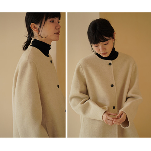 ウール混紡ロングコート ウールツイード生地コート 丸襟 ベージュ