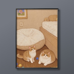 絵画。原画【可愛い橘猫ちゃん】 絵画。原画手描き【かわいい橘猫は水槽の魚を見て泳ぐのが好き