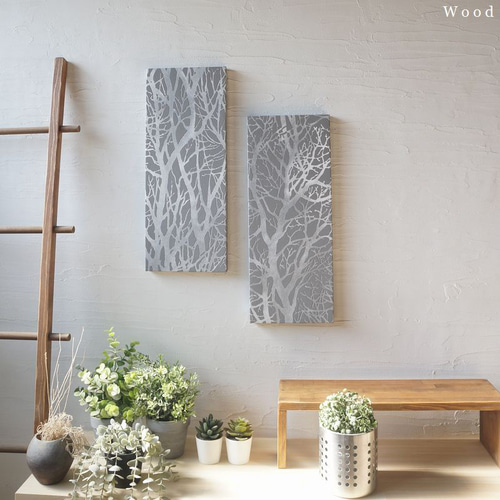 静かな木々のアートボード グレー 2枚組 wood 寝室 オブジェ 壁掛け