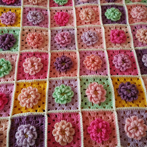 グラニースクエア ブランケット 80×160cm かぎ針編み フラワー柄 大判