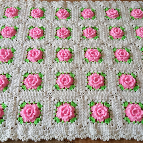 グラニースクエア ブランケット かぎ針編み 薔薇柄 大判 カーペット