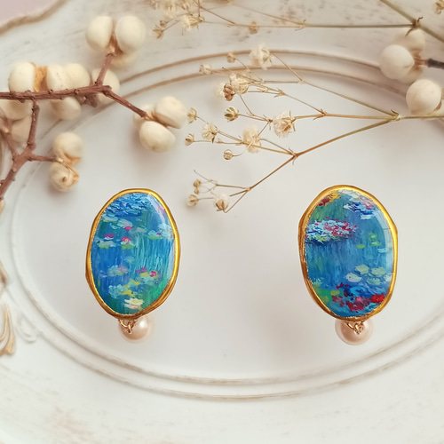 ピアス&ブローチ付き　水彩アート　原画　手描き　アクセサリー　イラスト ピアス 手描き アクセサリー クロード・モネ 睡蓮 ピアス（スタッド
