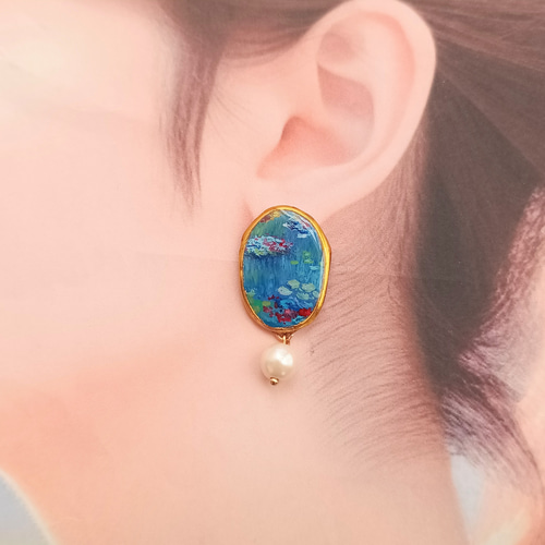 ピアス 手描き アクセサリー クロード・モネ 睡蓮 ピアス（スタッド