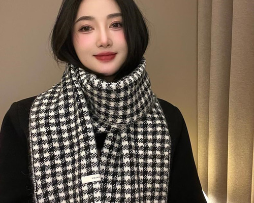 レトロ千鳥格子マフラー女秋冬ウール混紡ニット暖か学生コーデ高級感